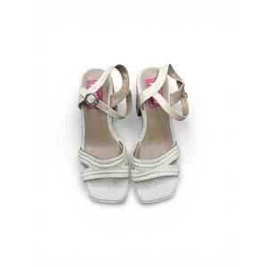 White Raffia Platform Heels Ankle Strap Chunky Heel Size 8.5M